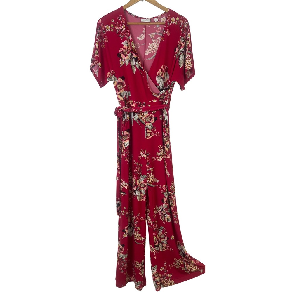 New York‎ Company Red Floral Pantsuit Jumpsuit Stretch V Neck Belted Size Medium
